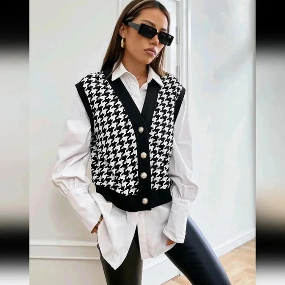 Spring Houndstooth Print Vest Jacket Without Blouse - Picture 2 of 7